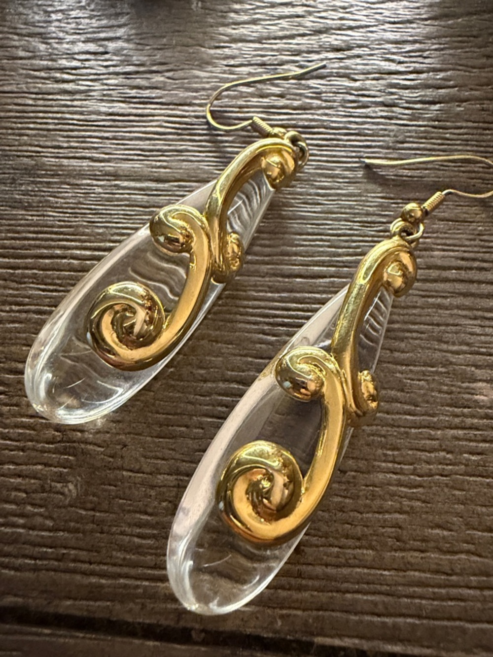 Gold Scroll Clear Teardrop Dangle Earrings